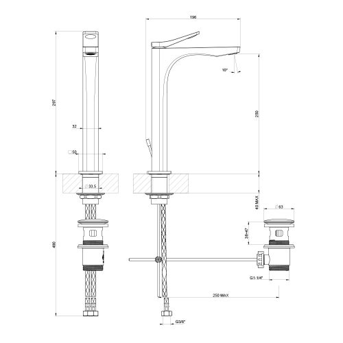 Immagine di Gessi RILIEVO miscelatore lavabo H.30 cm, con scarico e flessibili di collegamento, cartuccia 25 mm, finitura cromo 59003#031