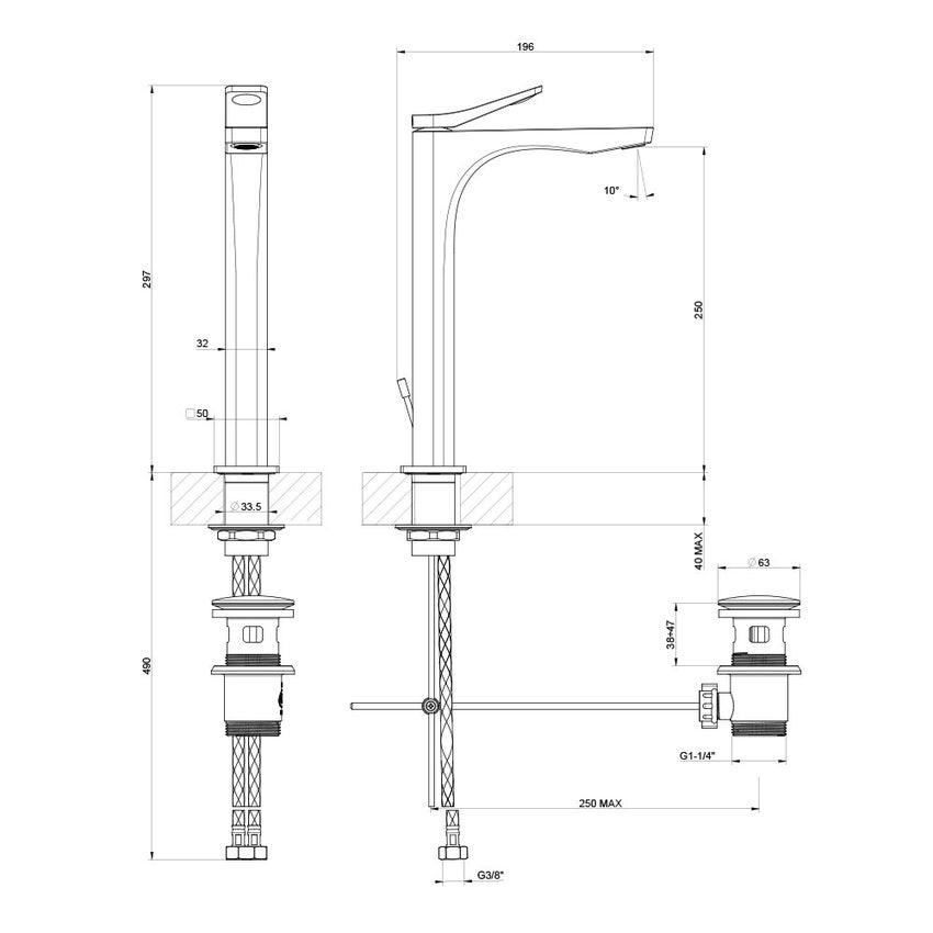 Immagine di Gessi RILIEVO miscelatore lavabo H.30 cm, con scarico e flessibili di collegamento, cartuccia 25 mm, finitura cromo 59003#031