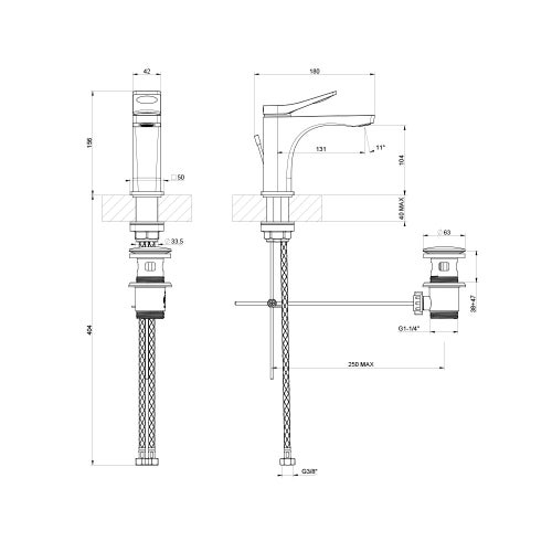 Immagine di Gessi RILIEVO miscelatore lavabo H.16 cm, con scarico e flessibili di collegamento, cartuccia 35 mm, finitura cromo 59005#031