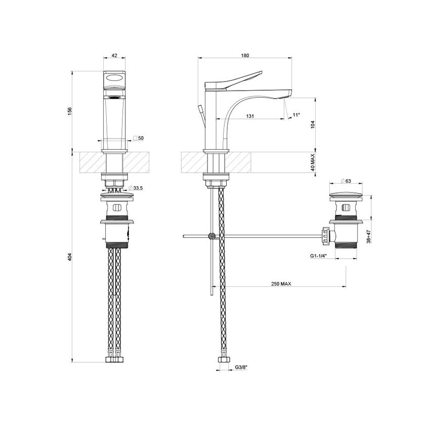 Immagine di Gessi RILIEVO miscelatore lavabo H.16 cm, con scarico e flessibili di collegamento, cartuccia 35 mm, finitura cromo 59005#031