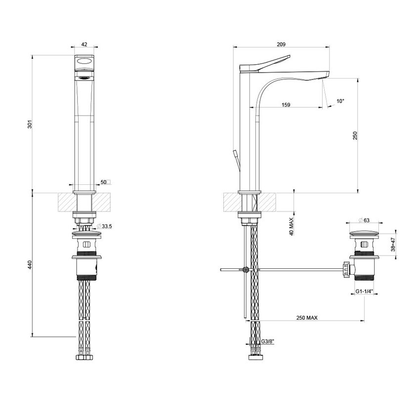 Immagine di Gessi RILIEVO miscelatore lavabo H.30 cm, con scarico e flessibili di collegamento, cartuccia 35 mm, finitura cromo 59009#031
