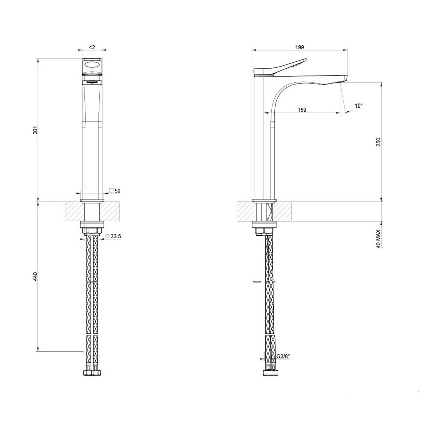 Immagine di Gessi RILIEVO miscelatore lavabo H.30 cm, senza scarico, con flessibili di collegamento, cartuccia 35 mm, finitura cromo 59010#031
