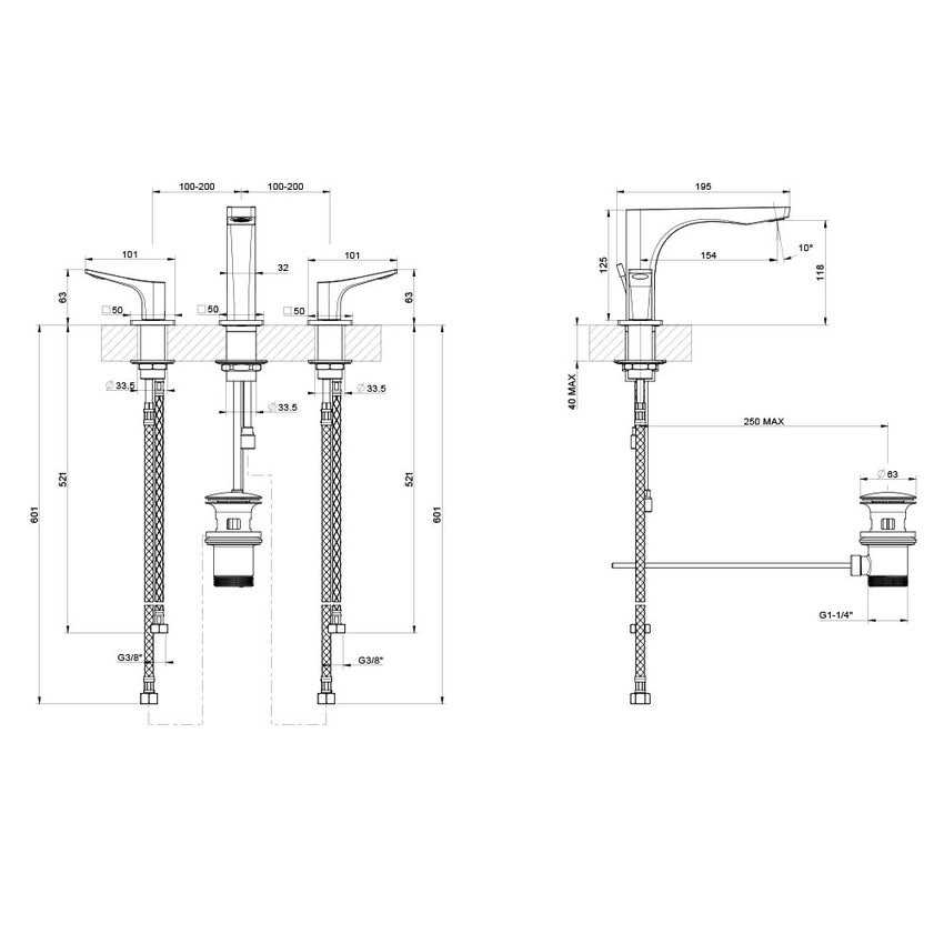 Immagine di Gessi RILIEVO gruppo lavabo 3 fori, con scarico e flessibili di collegamento, finitura cromo 59011#031
