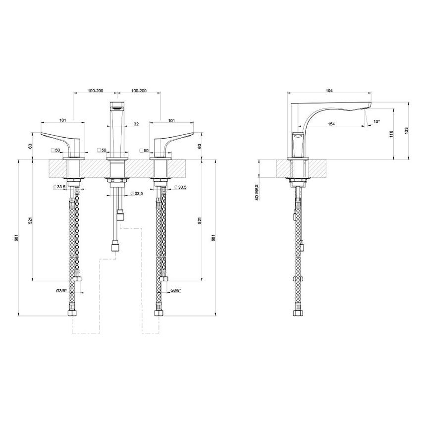 Immagine di Gessi RILIEVO gruppo lavabo 3 fori, senza scarico, con flessibili di collegamento, finitura cromo 59012#031