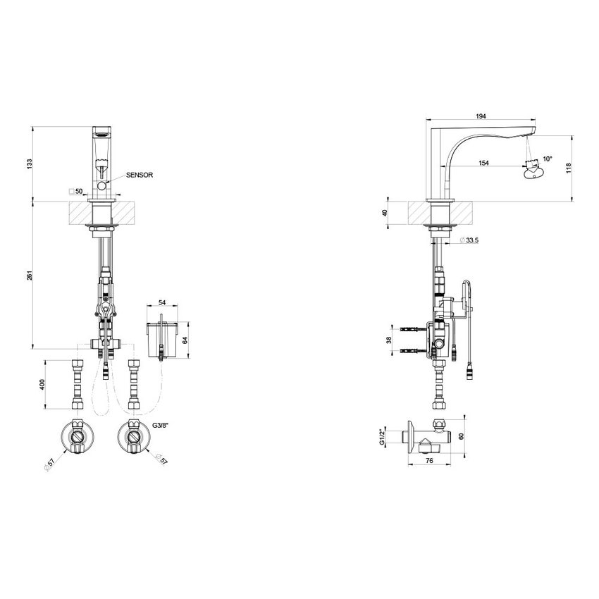 Immagine di Gessi RILIEVO rubinetto elettronico lavabo, con regolazione di temperatura e portata tramite rubinetto sottolavabo, finitura cromo 59023#031