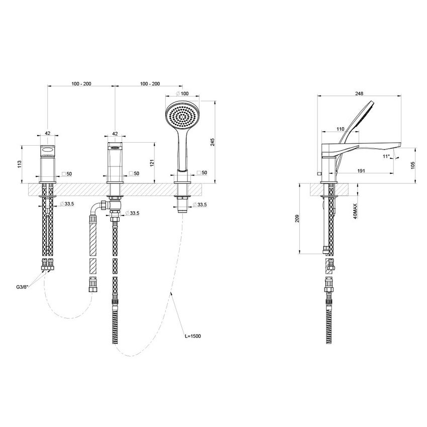 Immagine di Gessi RILIEVO gruppo bordo vasca 3 fori, con bocca di erogazione, deviatore incorporato nella bocca, flessibile 150 cm e doccetta anticalcare, finitura cromo 59037#031
