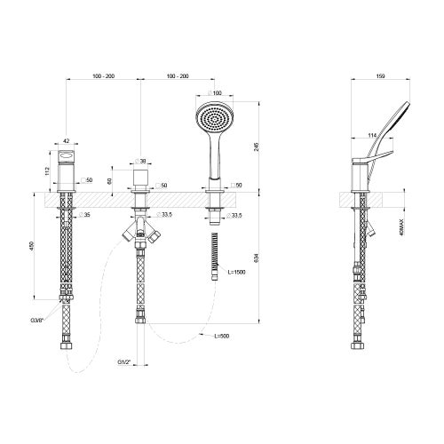 Immagine di Gessi RILIEVO gruppo bordo vasca 3 fori, con deviatore, flessibile 150 cm e doccetta anticalcare, erogazione alla colonna vasca, finitura cromo 59043#031