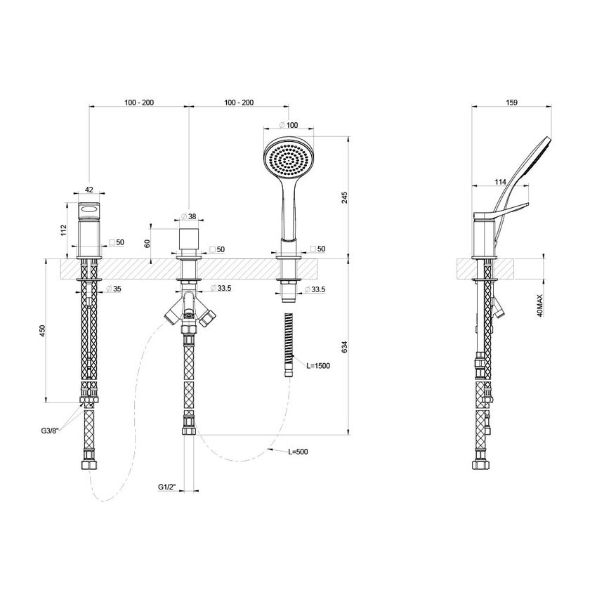 Immagine di Gessi RILIEVO gruppo bordo vasca 3 fori, con deviatore, flessibile 150 cm e doccetta anticalcare, erogazione alla colonna vasca, finitura cromo 59043#031