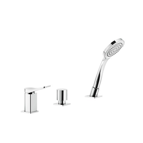 Immagine di Gessi RILIEVO gruppo bordo vasca 3 fori, con deviatore, flessibile 150 cm e doccetta anticalcare, erogazione alla colonna vasca, finitura cromo 59043#031