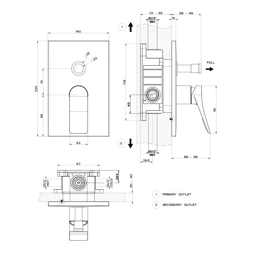 Immagine di Gessi RILIEVO miscelatore a parete, 2 vie, con deviatore automatico bagno/doccia, senza corpo incasso, finitura cromo 59079#031