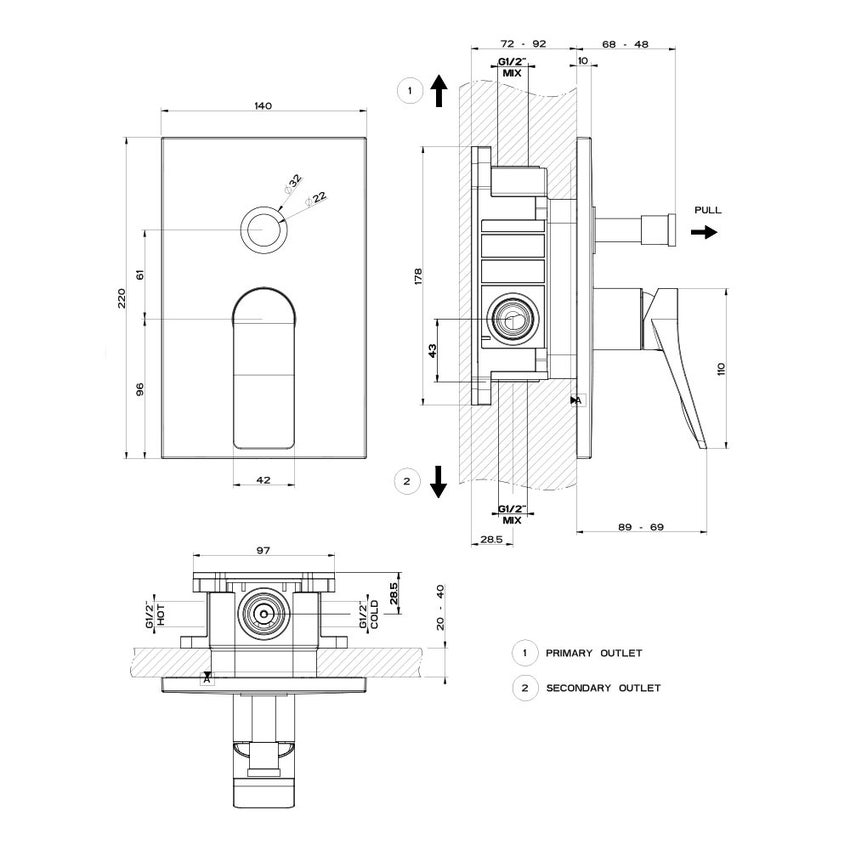 Immagine di Gessi RILIEVO miscelatore a parete, 2 vie, con deviatore automatico bagno/doccia, senza corpo incasso, finitura warm bronze brushed PVD 59079#726
