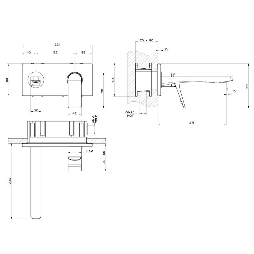 Immagine di Gessi RILIEVO miscelatore a parete P.27 cm, senza scarico, finitura cromo 59089#031