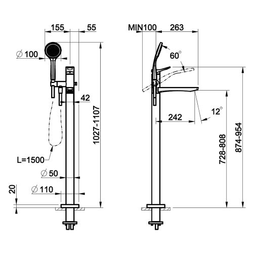 Immagine di Gessi RILIEVO piantana esterno vasca con doccetta, finitura cromo 59131#031