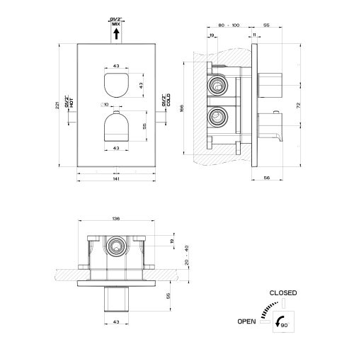 Immagine di Gessi RILIEVO miscelatore termostatico doccia, a parete, 2 vie, senza corpo incasso, finitura nero opaco 59134#229