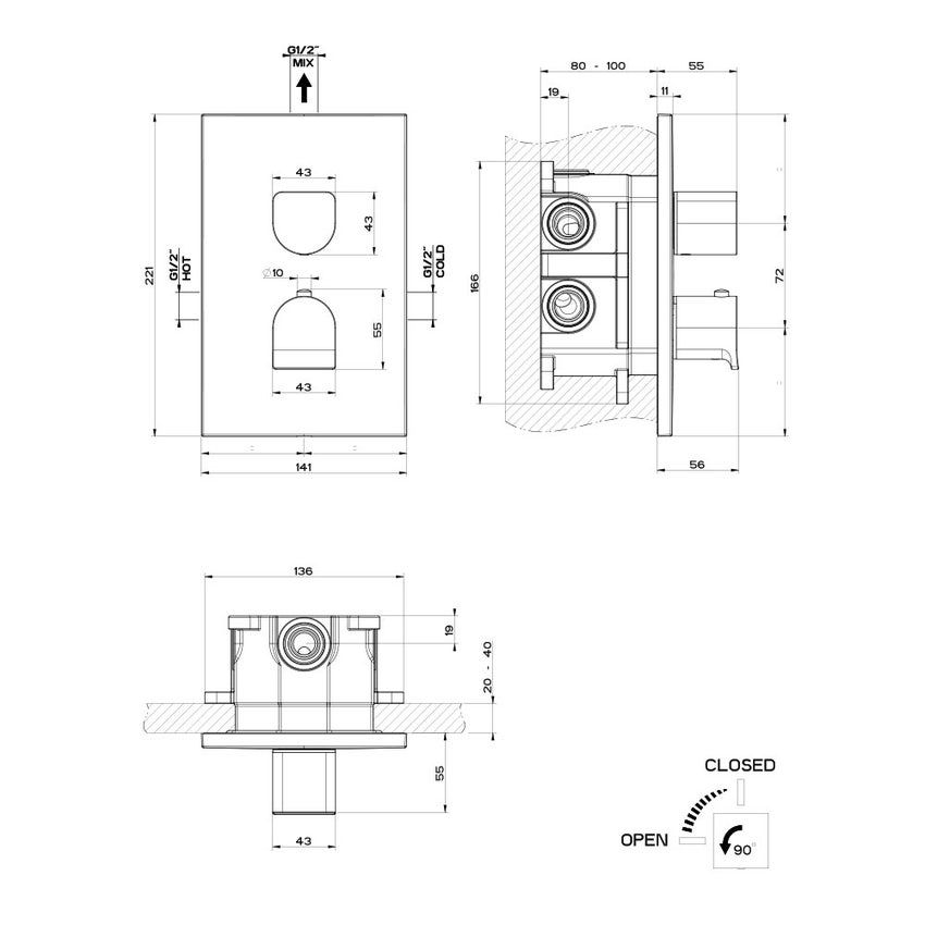 Immagine di Gessi RILIEVO miscelatore termostatico doccia, a parete, 1 via, senza corpo incasso, finitura cromo 59132#031