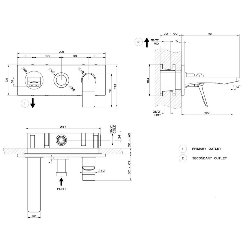 Immagine di Gessi RILIEVO miscelatore vasca a parete P.19 cm, 2 vie, con deviatore, finitura cromo 59138#031