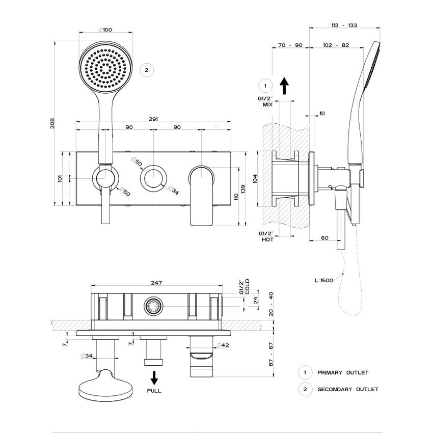 Immagine di Gessi RILIEVO miscelatore doccia a parete, 2 vie, con deviatore, presa acqua, supporto, flessibile 150 cm e doccetta anticalcare, senza corpo incasso, finitura cromo 59141#031