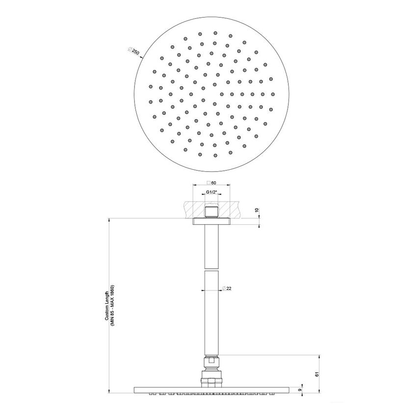 Immagine di Gessi RILIEVO soffione anticalcare a soffitto, braccio con altezza personalizzabile, finitura cromo 59150#031