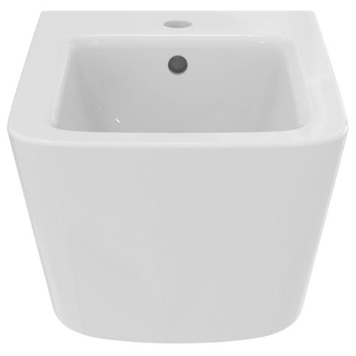 Immagine di Ideal Standard BLEND CUBE set sanitari sospesi, vaso AquaBlade® senza brida, con sedile a chiusura rallentata, bidet monoforo con troppopieno, colore bianco finitura lucido T368601-T368701-T392701