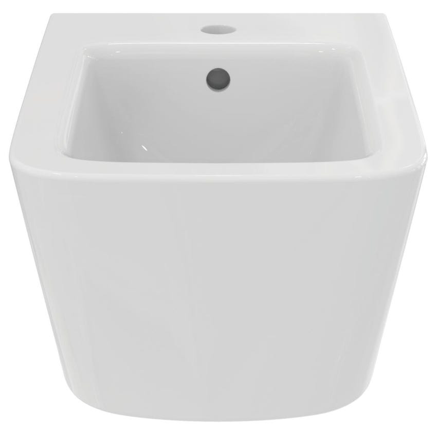 Immagine di Ideal Standard BLEND CUBE set sanitari sospesi, vaso AquaBlade® senza brida, con sedile a chiusura rallentata, bidet monoforo con troppopieno, colore bianco finitura lucido T368601-T368701-T392701