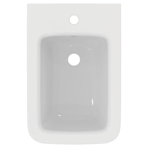 Immagine di Ideal Standard BLEND CUBE set sanitari sospesi, vaso AquaBlade® senza brida, con sedile a chiusura rallentata, bidet monoforo con troppopieno, colore bianco finitura lucido T368601-T368701-T392701