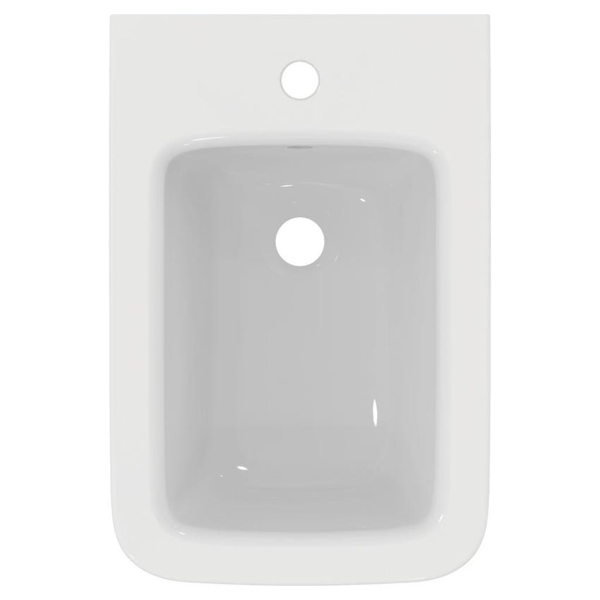 Immagine di Ideal Standard BLEND CUBE set sanitari sospesi, vaso AquaBlade® senza brida, con sedile a chiusura rallentata, bidet monoforo con troppopieno, colore bianco finitura lucido T368601-T368701-T392701