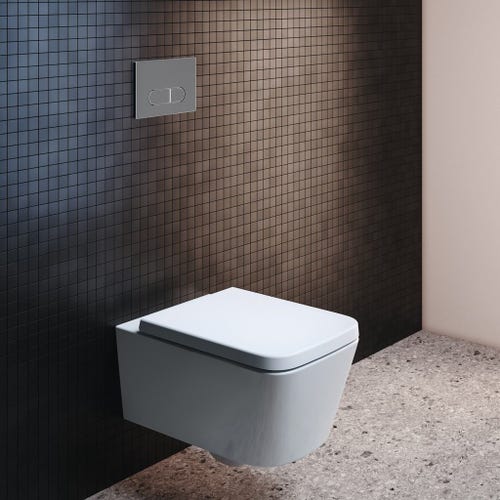 Immagine di Ideal Standard BLEND CUBE set sanitari a pavimento, vaso AquaBlade® senza brida, con sedile a chiusura rallentata, bidet monoforo con troppopieno, colore bianco finitura lucido T368801-T368901-T392701