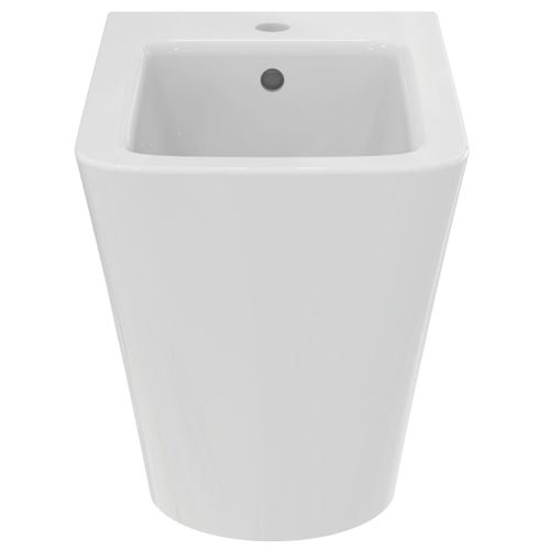 Immagine di Ideal Standard BLEND CUBE set sanitari a pavimento, vaso AquaBlade® senza brida, con sedile a chiusura rallentata, bidet monoforo con troppopieno, colore bianco finitura lucido T368801-T368901-T392701