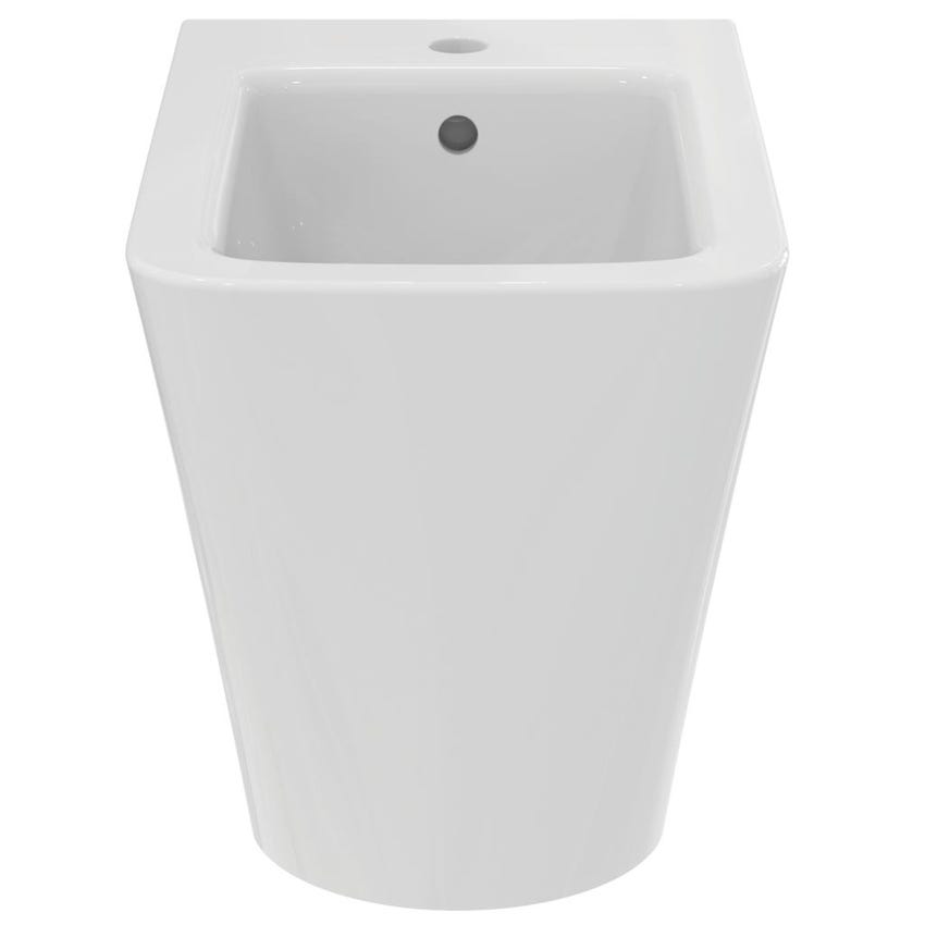 Immagine di Ideal Standard BLEND CUBE set sanitari a pavimento, vaso AquaBlade® senza brida, con sedile a chiusura rallentata, bidet monoforo con troppopieno, colore bianco finitura lucido T368801-T368901-T392701