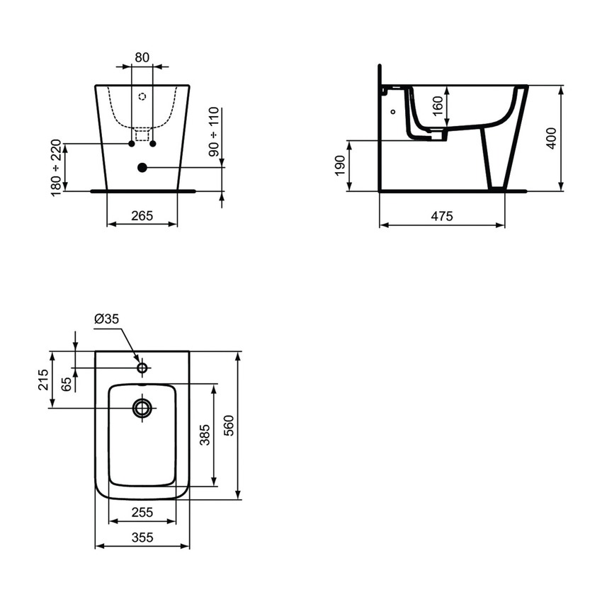 Immagine di Ideal Standard BLEND CUBE set sanitari a pavimento, vaso AquaBlade® senza brida, con sedile a chiusura rallentata, bidet monoforo con troppopieno, colore bianco finitura lucido T368801-T368901-T392701
