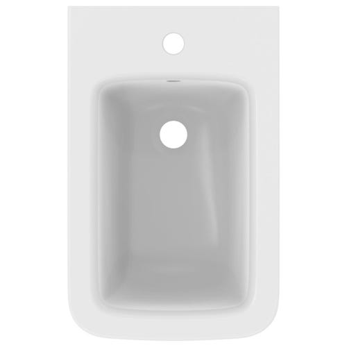 Immagine di Ideal Standard BLEND CUBE set sanitari a pavimento, vaso AquaBlade® senza brida, con sedile a chiusura rallentata, bidet monoforo con troppopieno, colore bianco seta finitura opaco T3688V1-T3689V1-T3927V1