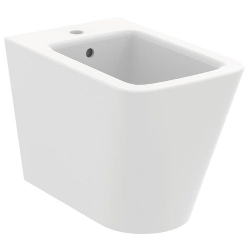 Immagine di Ideal Standard BLEND CUBE set sanitari a pavimento, vaso AquaBlade® senza brida, con sedile a chiusura rallentata, bidet monoforo con troppopieno, colore bianco seta finitura opaco T3688V1-T3689V1-T3927V1