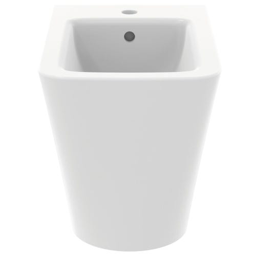 Immagine di Ideal Standard BLEND CUBE set sanitari a pavimento, vaso AquaBlade® senza brida, con sedile a chiusura rallentata, bidet monoforo con troppopieno, colore bianco seta finitura opaco T3688V1-T3689V1-T3927V1