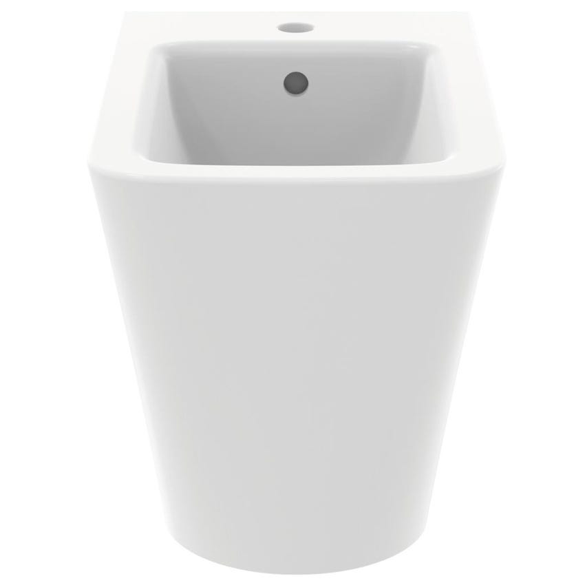 Immagine di Ideal Standard BLEND CUBE set sanitari a pavimento, vaso AquaBlade® senza brida, con sedile a chiusura rallentata, bidet monoforo con troppopieno, colore bianco seta finitura opaco T3688V1-T3689V1-T3927V1