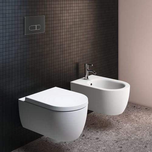 Immagine di Ideal Standard soluzione bagno completo, sanitari sospesi, lavabo 75 cm, colore bianco finitura lucido, mobile sottolavabo 120 cm, colore sunset finitura opaco, rubinetteria finitura magnetic grey SING4