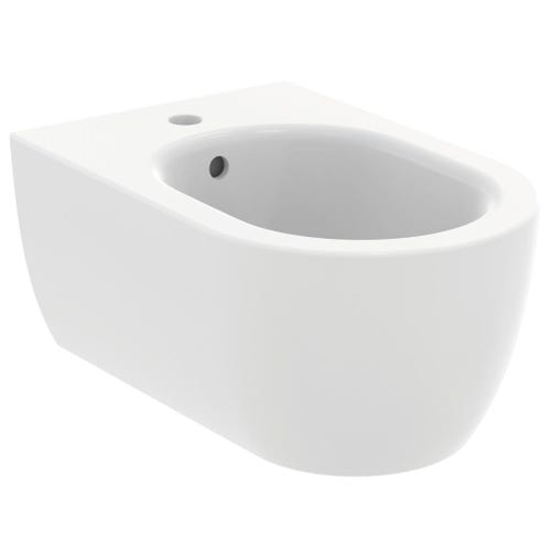 Immagine di Ideal Standard soluzione bagno completo, sanitari sospesi, lavabo 75 cm, colore bianco finitura lucido, mobile sottolavabo 120 cm, colore sunset finitura opaco, rubinetteria finitura magnetic grey SING4