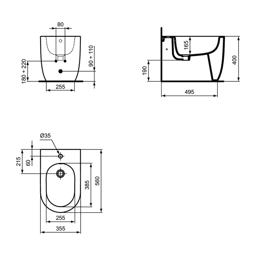 Immagine di Ideal Standard BLEND CURVE bidet a terra, a filo parete, con troppopieno, colore bianco finitura lucido T375301