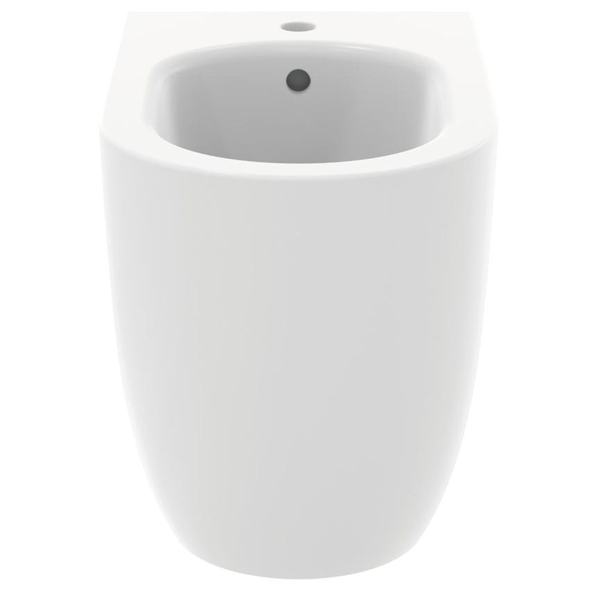 Immagine di Ideal Standard BLEND CURVE set sanitari a pavimento, vaso AquaBlade® senza brida, con sedile a chiusura rallentata, bidet monoforo con troppopieno, colore bianco seta finitura opaco T3751V1-T3753V1-T3760V1