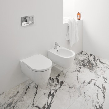 Immagine di Ideal Standard BLEND CURVE set sanitari sospesi, vaso AquaBlade® senza brida, con sedile a chiusura rallentata, bidet monoforo con troppopieno, colore bianco finitura lucido T374901-T375001-T376001
