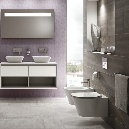 Immagine di Ideal Standard CONNECT AIR set sanitari sospesi, vaso AquaBlade® con sedile a sgancio rapido, senza discesa rallentata, bidet monoforo con troppopieno, colore bianco finitura lucido E008201-E026601