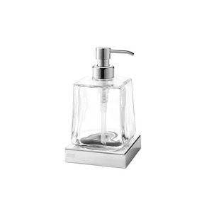 Immagine di Inda DIVO spandisapone da appoggio finitura cromo, con contenitore in vetro extrachiaro finitura trasparente e erogatore in ottone cromato A2012ZCR03