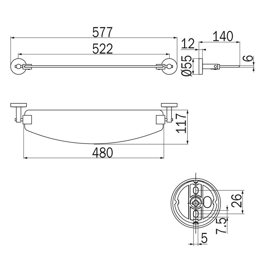 Inda A36090CR26 FORUM mensola in cristallo satinato temperato L.58 cm, con  supporti finitura cromo