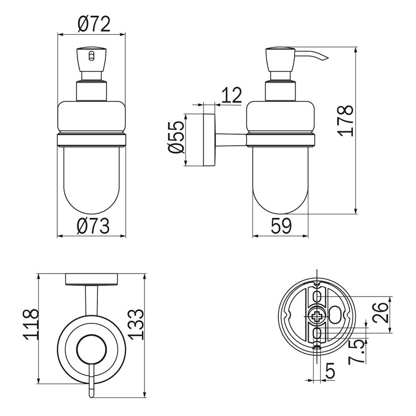 Immagine di Inda FORUM spandisapone a parete con contenitore in vetro satinato, erogatore in ottone cromato A36120CR21