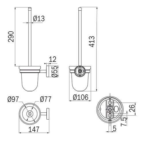 Immagine di Inda FORUM portascopino da parete con bacinella in vetro satinato, finitura cromo A36140CR21
