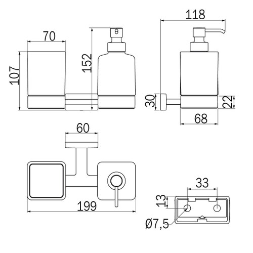 Immagine di Inda LEA supporto doppio a parete con bicchiere e spandisapone in vetro satinato, erogatore in ottone, finitura cromo A1810DCR21