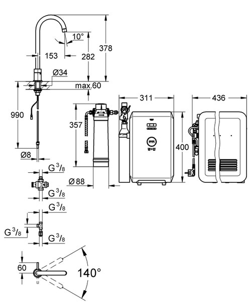 Immagine di Grohe Blue Professional Mono Rubinetto per lavello bocca "C" acqua Fredda & Gasata Cromo 31302001