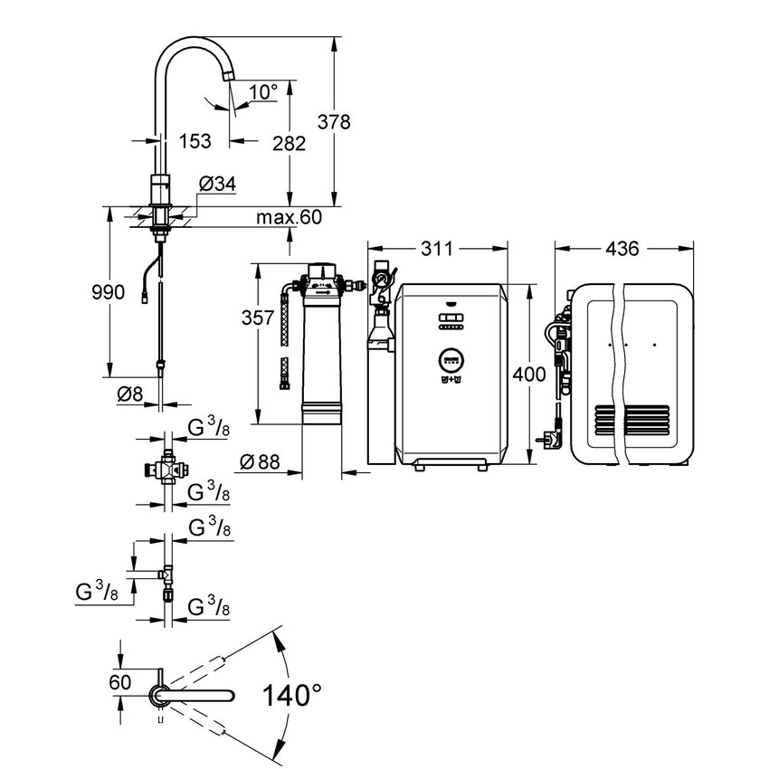 Immagine di Grohe Blue Professional Mono Rubinetto per lavello bocca "C" acqua Fredda & Gasata Cromo 31302001