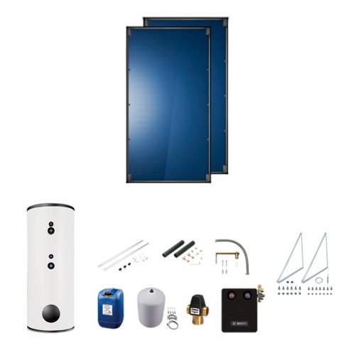 Immagine di Bosch Kit solare a circolazione forzata con 2 collettori FT226-2 verticali con sistema di montaggio TETTO PIANO 30°-60°, per pompe di calore e sistemi ibridi 7735246034