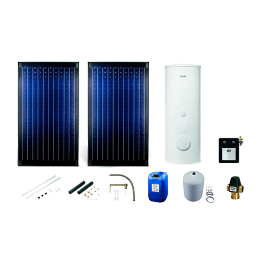 Immagine di Bosch Kit solare a circolazione forzata con 2 collettori solari FT 226-2V e stazione solare AGS10-MS100-2 con sistema di montaggio SOPRA TETTO 7735246061