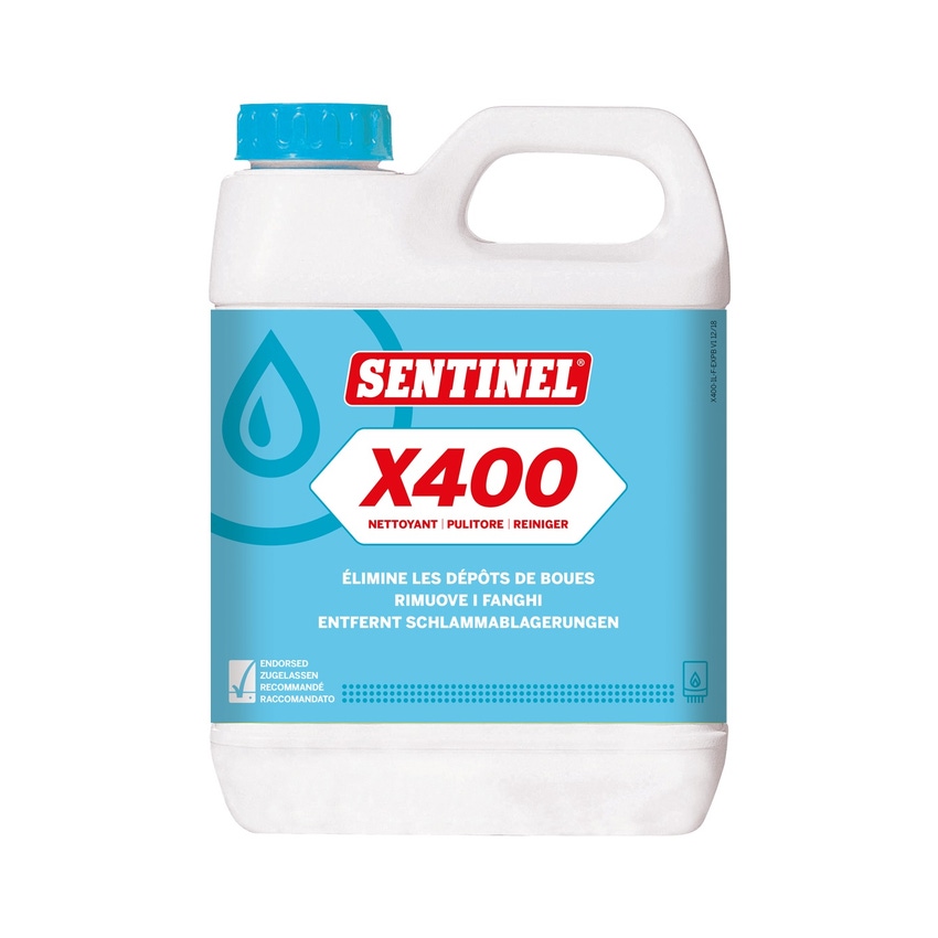 Immagine di Sentinel X400 Detergente fanghi per impianti di riscaldamento in attività da più di 6 mesi, 1 litro X400L-12X1L-EXPB